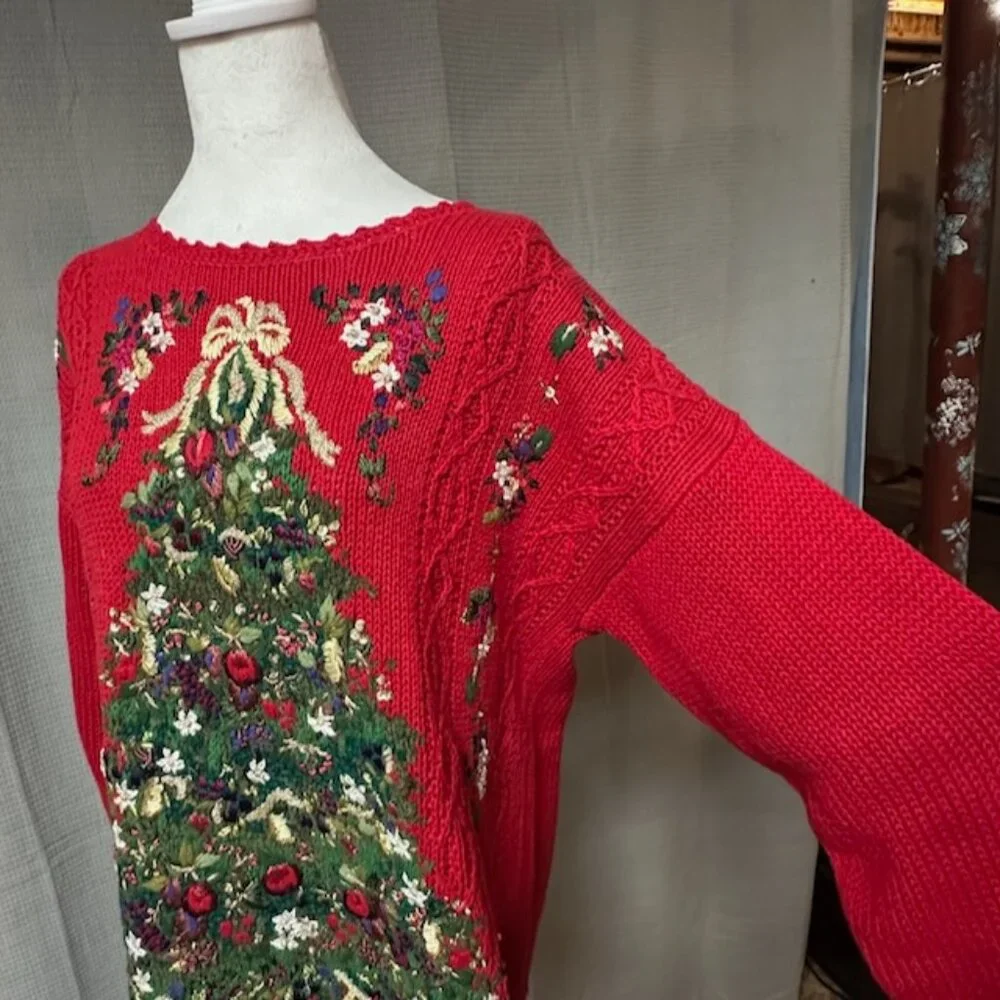 Red Christmas Tree Sweater Tunic, Embroidered, Tiara International Size L - Picture 4 of 13